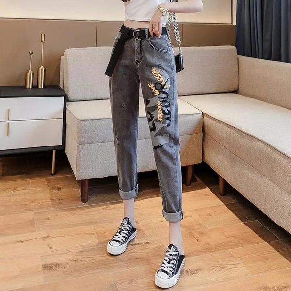 women's jeans spring autumn pants women elastic slim personalized printed high waist loose straight femme vintage denim, Blue
women's jeans spring autumn pants women elastic slim personalized printed high waist loose straight femme vintage denim, Blue