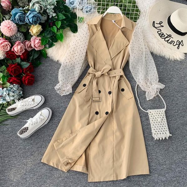 women's trench coats fashion mesh lantern sleeve splice women double single sashes causal ladies long outwear autumn, Tan;black
women's trench coats fashion mesh lantern sleeve splice women double single sashes causal ladies long outwear autumn, Tan;black