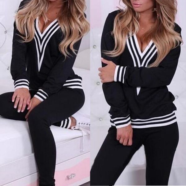 women's pants & capris 40%2pcs/set women casual stripe hem v neck sweatshirt cotton sports tracksuit, Black;white
women's pants & capris 40%2pcs/set women casual stripe hem v neck sweatshirt cotton sports tracksuit, Black;white