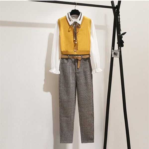 casual dresses yellow v-neck knit vest + bow collar white shirts belt plaid full pants set elegant spring women sweet 3-pieces sets wmny, Black;gray
casual dresses yellow v-neck knit vest + bow collar white shirts belt plaid full pants set elegant spring women sweet 3-pieces sets wmny, Black;gray