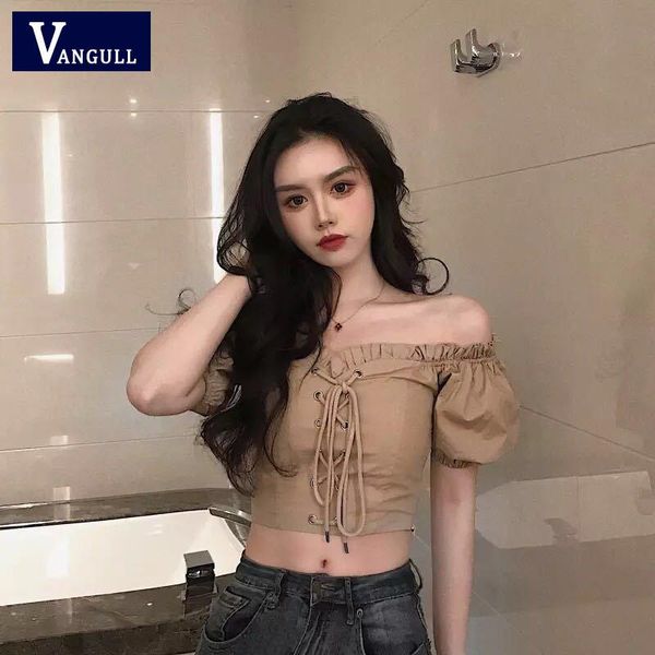 women's t-shirt vangull summer retro short shirt feminine off-shoulder slash neck lantern sleeve high waist bandage casual cropped wome, White
women's t-shirt vangull summer retro short shirt feminine off-shoulder slash neck lantern sleeve high waist bandage casual cropped wome, White