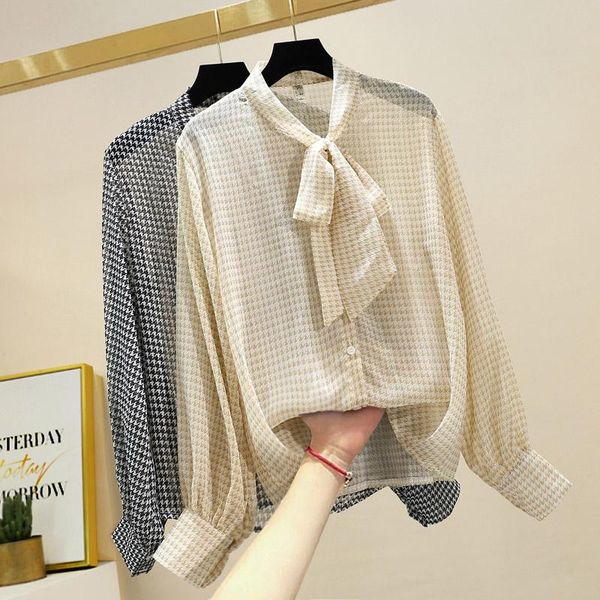 women's blouses & shirts vintage houndstooth shirt womens lantern sleeve sash bow collar button up loose plaid chiffon women, White
women's blouses & shirts vintage houndstooth shirt womens lantern sleeve sash bow collar button up loose plaid chiffon women, White