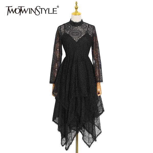 elegant patchwork lace dress for women stand collar long sleeve high waist irregular hem dresses female fashion 210423, Black;gray 
elegant patchwork lace dress for women stand collar long sleeve high waist irregular hem dresses female fashion 210423, Black;gray