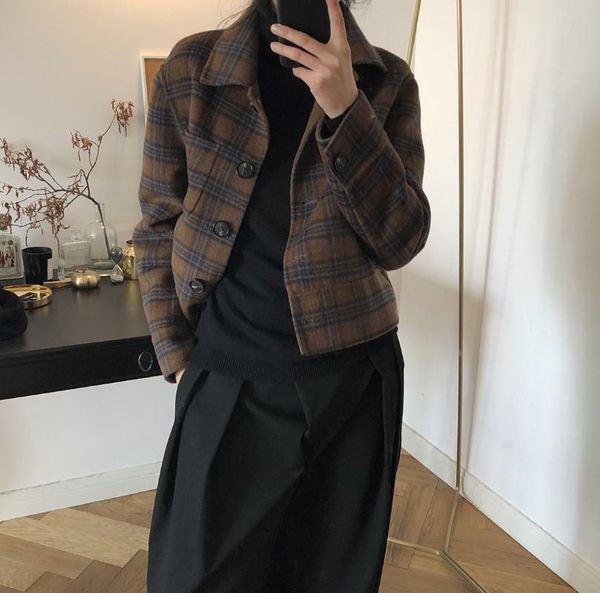 women's wool & blends 2021 korean vintage plaid spring/autumn jacket short double faced coat women loose cashmere tweed female, Black
women's wool & blends 2021 korean vintage plaid spring/autumn jacket short double faced coat women loose cashmere tweed female, Black