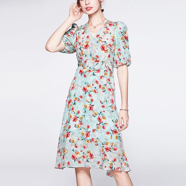100% silk women's dresses v neck short sleeves printed sash belt fashion summer dress vestidos, Black
100% silk women's dresses v neck short sleeves printed sash belt fashion summer dress vestidos, Black