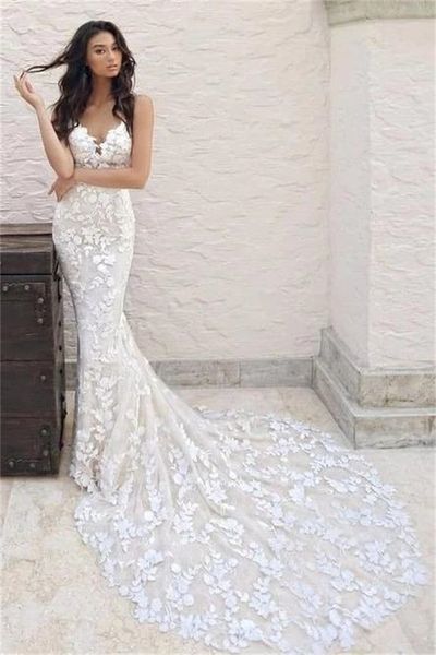 spaghetti straps mermaid wedding dress floral lace applique backless v neck sweep train trumpet bridal gowns modern, White
spaghetti straps mermaid wedding dress floral lace applique backless v neck sweep train trumpet bridal gowns modern, White