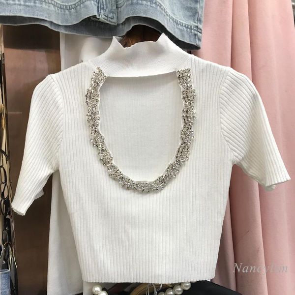 women's t-shirt slim fit crop for women temperament rhinestone edging skinny short knitted backless white black
women's t-shirt slim fit crop for women temperament rhinestone edging skinny short knitted backless white black