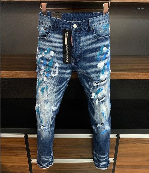 men's jeans skinny with ripped holes and elastic paint spray blue stitching beggar pants a373
men's jeans skinny with ripped holes and elastic paint spray blue stitching beggar pants a373
