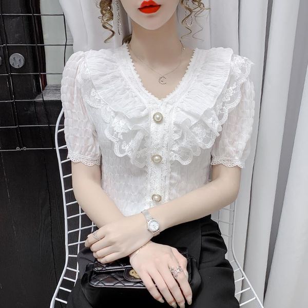 

women's blouses & shirts of female temperament the summer 2021 western style v-neck shirt falbala bud silk bubbles choli, White