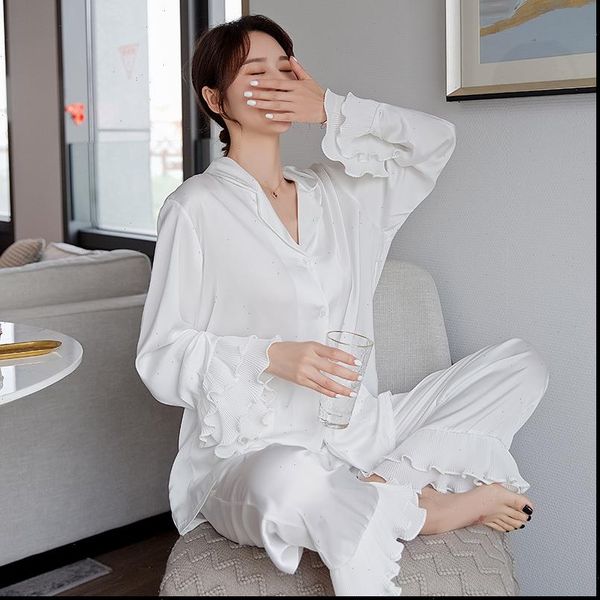 white pyjamas satin ruffled women sleepwear cuffs pajamas sets summer autumn long sleeve 2 pcs suit casual silk home clothing, Black;red
white pyjamas satin ruffled women sleepwear cuffs pajamas sets summer autumn long sleeve 2 pcs suit casual silk home clothing, Black;red