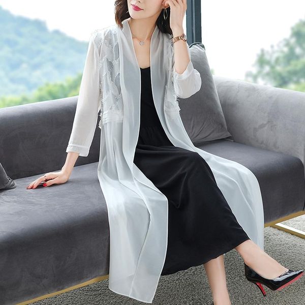 women's sweaters brand long cardigans 2021 spring summer women large size thin perspective chiffon splicing female, White;black
women's sweaters brand long cardigans 2021 spring summer women large size thin perspective chiffon splicing female, White;black