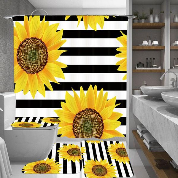 stylish black white striped sunflower shower curtain and rug set bathroom curtains bath mat carpet for toilet decor
stylish black white striped sunflower shower curtain and rug set bathroom curtains bath mat carpet for toilet decor