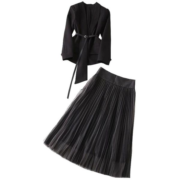 two piece dress french temperament suit mesh skirt autumn european station irregular black small coat high waist pleated, White
two piece dress french temperament suit mesh skirt autumn european station irregular black small coat high waist pleated, White