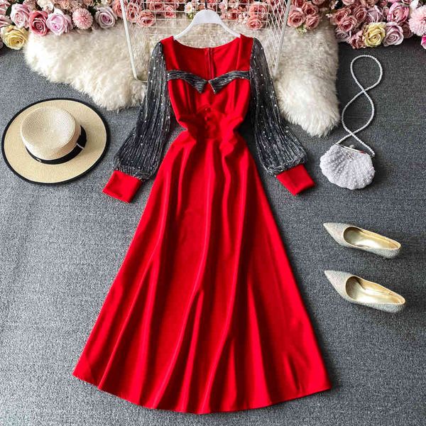 dresses spring autumn vintage black/red mesh patchwork long dress women elegant square collar high waist party vestidos female fashion, Black;gray 
dresses spring autumn vintage black/red mesh patchwork long dress women elegant square collar high waist party vestidos female fashion, Black;gray