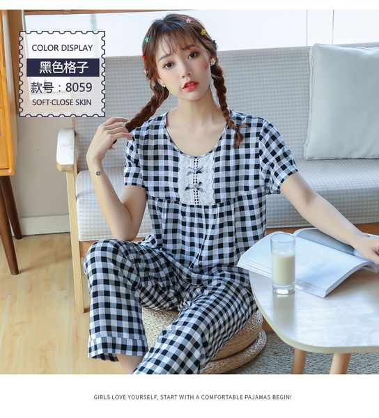 women's sleepwear cotton pajamas women summer suit short-sleeved princess trousers loose two-piece set student's plaid sleepwear p, Black;red
women's sleepwear cotton pajamas women summer suit short-sleeved princess trousers loose two-piece set student's plaid sleepwear p, Black;red