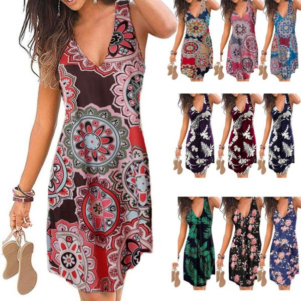 2021 summer new fashion women's v-neck printed sleeveless casual beach dress, White