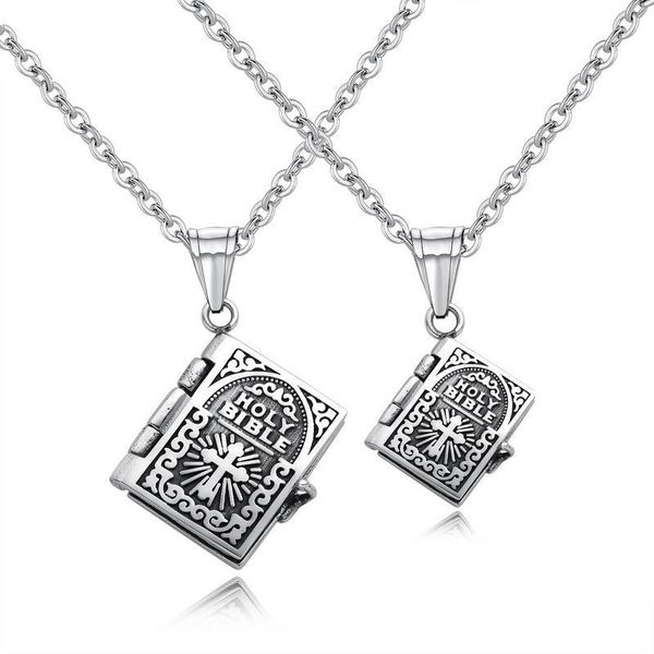 pendant necklaces vintage punk holy bible necklace for men women can open silver color 316l titanium steel christian prayer jewelry
pendant necklaces vintage punk holy bible necklace for men women can open silver color 316l titanium steel christian prayer jewelry