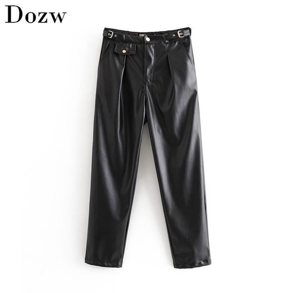 high waist pu leather pants solid women winter fleece streetwear black faux pockets trousers elastic 210515, Black;white
high waist pu leather pants solid women winter fleece streetwear black faux pockets trousers elastic 210515, Black;white