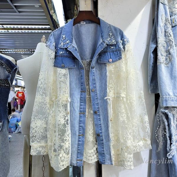 women's jackets denim stitching lace coat woman 2021 summer fashion street loose large size thin chaquetas mujer nancylim, Black;brown
women's jackets denim stitching lace coat woman 2021 summer fashion street loose large size thin chaquetas mujer nancylim, Black;brown