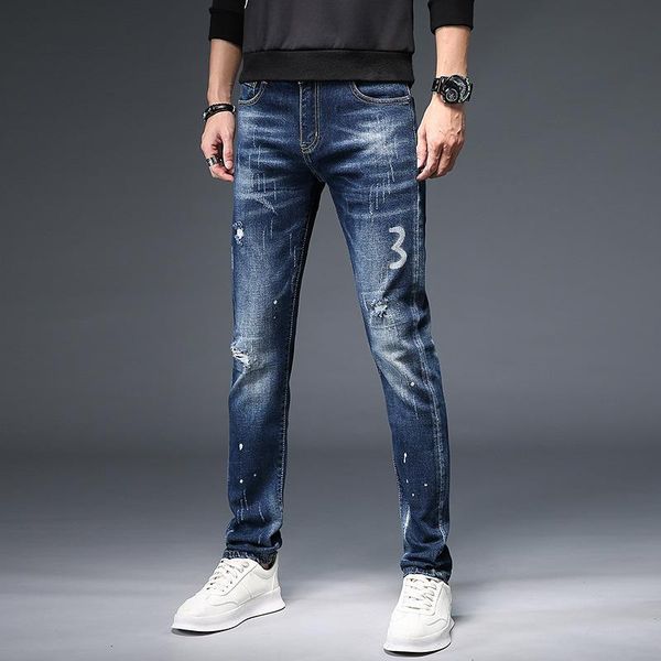 men's jeans 20 high end embroidery worn out washed european slim little feet micro elastic cotton autumn and winter trousers, Blue
men's jeans 20 high end embroidery worn out washed european slim little feet micro elastic cotton autumn and winter trousers, Blue
