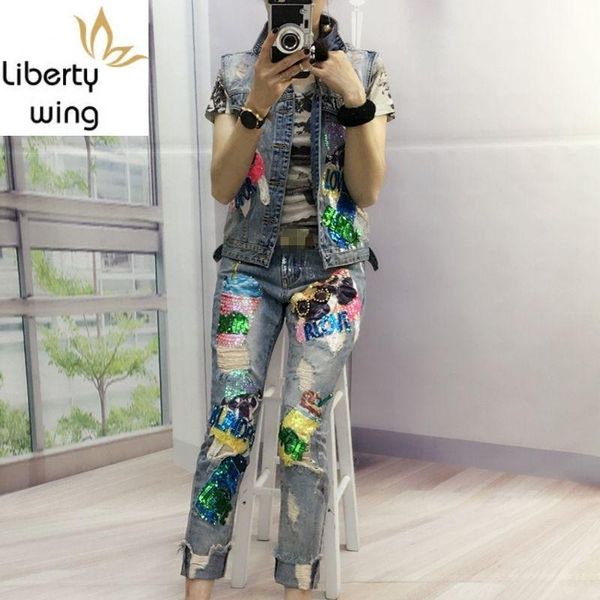 two piece dress european fashion women sequined button embroidery beading hole ripped sets female sleeveless punk style zipper pants, White
two piece dress european fashion women sequined button embroidery beading hole ripped sets female sleeveless punk style zipper pants, White