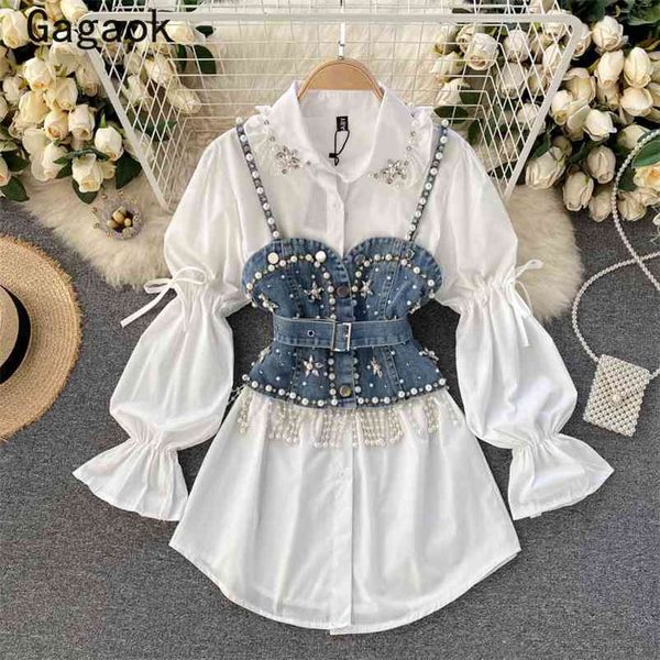 women streetwear two piece set spring autumn korean retro chic wild fashion suits denim vests + mini dresses 210531, White 
women streetwear two piece set spring autumn korean retro chic wild fashion suits denim vests + mini dresses 210531, White
