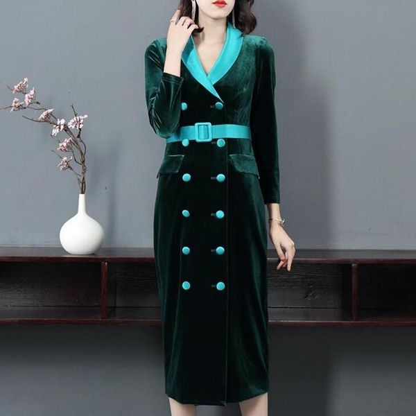casual dresses vintage velvet dress women elegant bodycon double breasted luxury designer long sleeve ladies autumn winter plus size, Black;gray 
casual dresses vintage velvet dress women elegant bodycon double breasted luxury designer long sleeve ladies autumn winter plus size, Black;gray