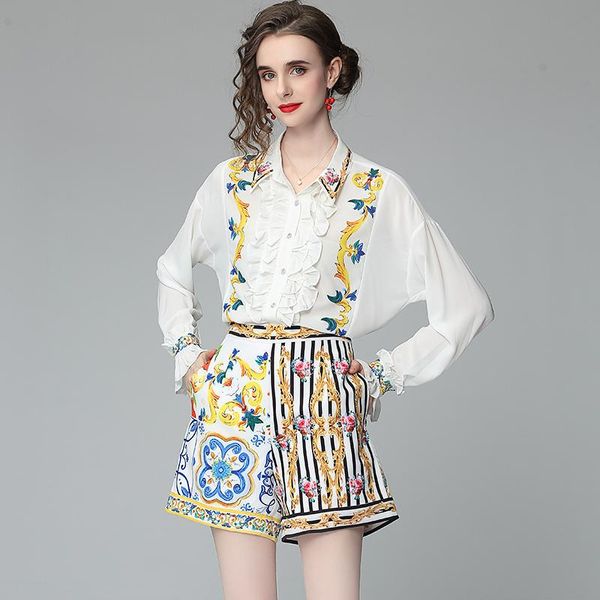 women's tracksuits spring suit french vintage lapel print flared sleeves blouse+high waist wide leg shorts female sets x494, Gray
women's tracksuits spring suit french vintage lapel print flared sleeves blouse+high waist wide leg shorts female sets x494, Gray