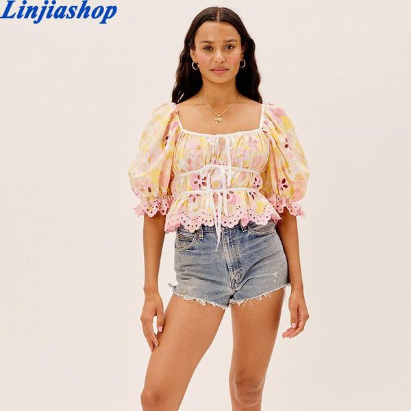 women's blouses & shirts summer french sweet floral print hollow out folds embroidered bow square collar puff sleeve elastic blouse wom, White
women's blouses & shirts summer french sweet floral print hollow out folds embroidered bow square collar puff sleeve elastic blouse wom, White