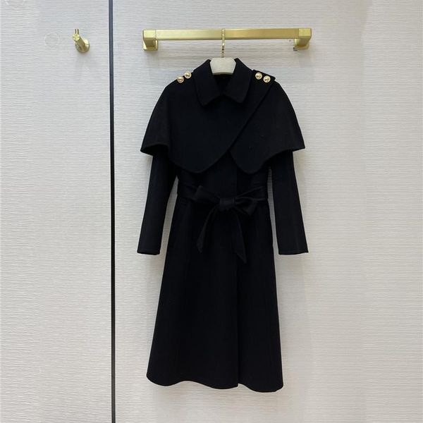 women's wool & blends cashmere coat fall winter classic style with cloak detachable golden button loose long women outerwear, Black
women's wool & blends cashmere coat fall winter classic style with cloak detachable golden button loose long women outerwear, Black