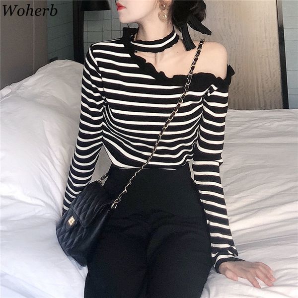 women halter pullover sweater autumn thin striped knitted sweaters korean elegant ruffle off shoulder pull femme 210422, White;black
women halter pullover sweater autumn thin striped knitted sweaters korean elegant ruffle off shoulder pull femme 210422, White;black