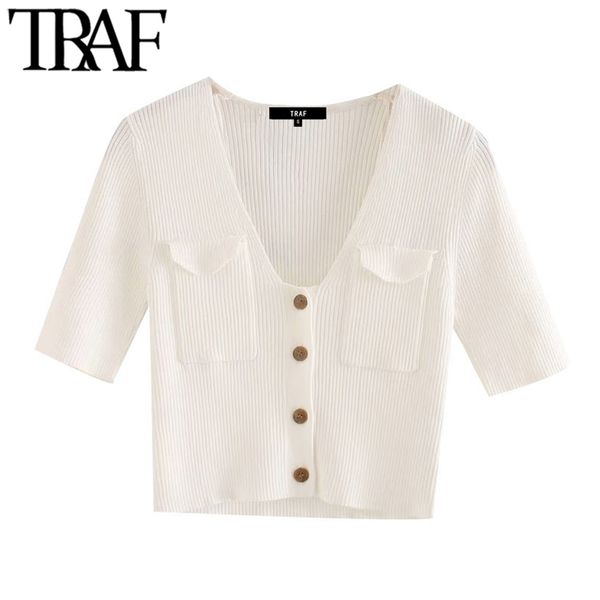 women fashion pockets button-up knitted cropped blouses vintage v neck short sleeve female shirts blusas chic 210507, White
women fashion pockets button-up knitted cropped blouses vintage v neck short sleeve female shirts blusas chic 210507, White