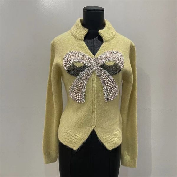 V-Neck Sweater with bow and bead, Yellow