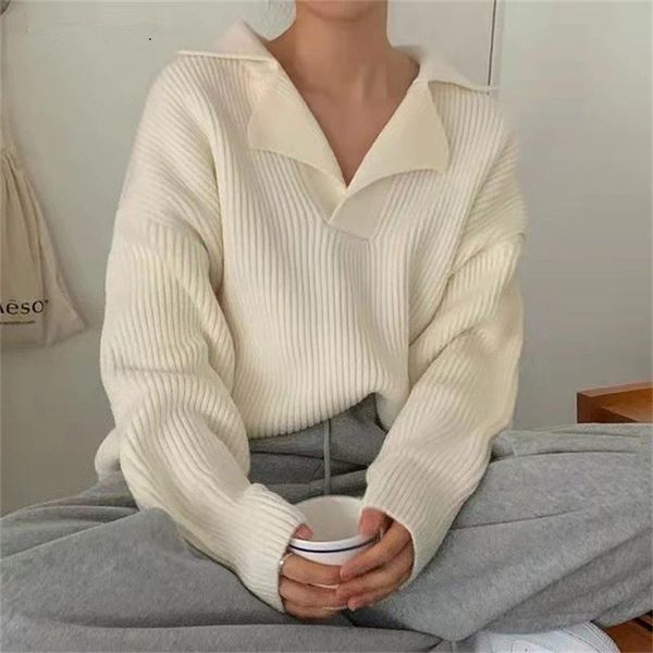 women's sweaters casual chic loose turn-down collar women knitted jumpers 2021 autumn full sleeve female solid pullover, White;black
women's sweaters casual chic loose turn-down collar women knitted jumpers 2021 autumn full sleeve female solid pullover, White;black