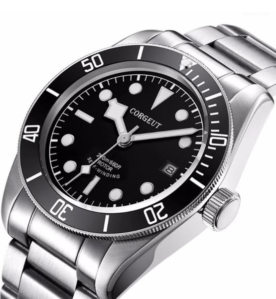 corgeut luminous men watches lume automatic military sport swim clock waterproof business mechanical wristwatch wristwatches, Slivery;brown