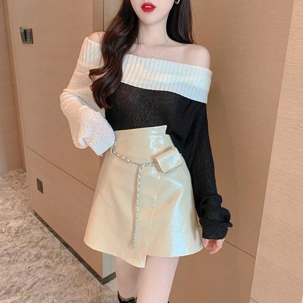 women's sweaters autumn casual knitted pullover women one shoulder splicing knit sweater loose warm ladies base female q140, White;black
women's sweaters autumn casual knitted pullover women one shoulder splicing knit sweater loose warm ladies base female q140, White;black
