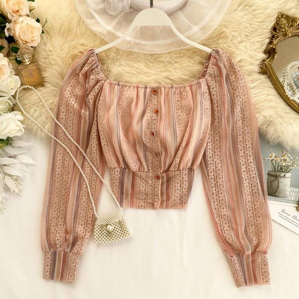 women's blouses & shirts spring 2021 lace blouse women retro square collar striped short design front buttons blusas, White
women's blouses & shirts spring 2021 lace blouse women retro square collar striped short design front buttons blusas, White