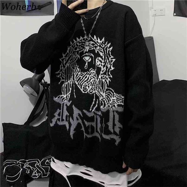 woherb harajuku sweater women man punk streetwear jacquard print knitted pullover korean fashion pull jumper autumn 210811, White;black
woherb harajuku sweater women man punk streetwear jacquard print knitted pullover korean fashion pull jumper autumn 210811, White;black