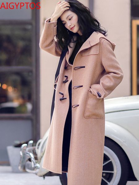 women's wool & blends retro college style long herringbone pattern hooded horn buckle double-sided coat en q9xd, Black
women's wool & blends retro college style long herringbone pattern hooded horn buckle double-sided coat en q9xd, Black