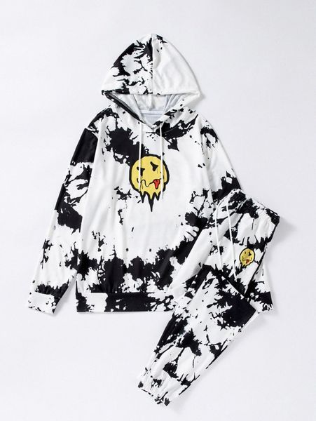 men cartoon face and splash ink print drawstring hoodie & sweatpants h1jg#, Gray