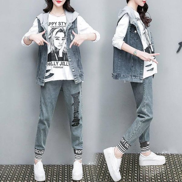women's two piece pants large wear 2021 spring and autumn loose thin denim vest suit fat belly covering three set, White
women's two piece pants large wear 2021 spring and autumn loose thin denim vest suit fat belly covering three set, White