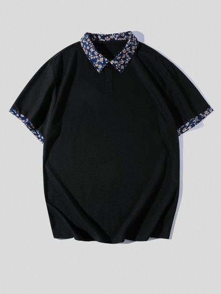 extended sizes men contrast ditsy floral collar polo shirt f5a0#, White;black 
extended sizes men contrast ditsy floral collar polo shirt f5a0#, White;black