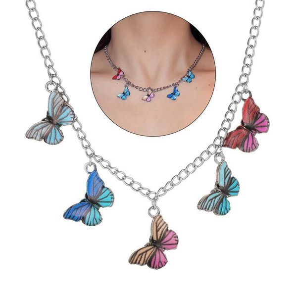 pendant necklaces 1pcs women girls sweet necklace fashion retro colorful butterfly charm choker tassel, Silver