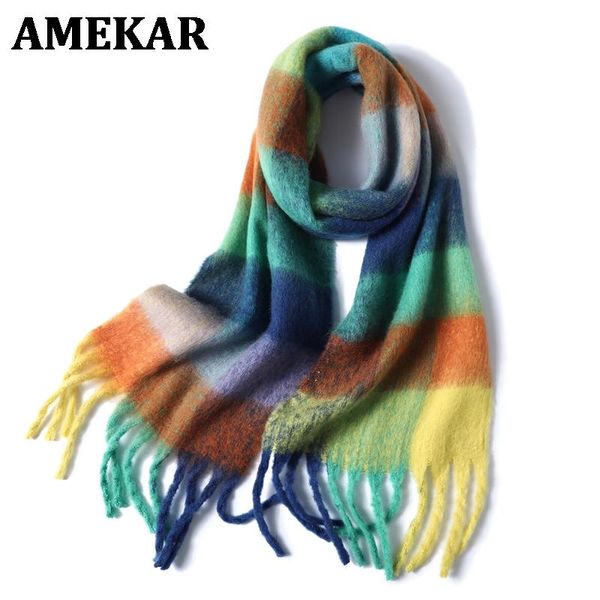 women plaid scarf winter shawls cashmere thick wraps lady tassel warm scarves rainbow hairy bufanda, Blue;gray
women plaid scarf winter shawls cashmere thick wraps lady tassel warm scarves rainbow hairy bufanda, Blue;gray