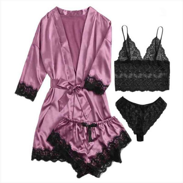 2022 pajamas satin 4 womens sleepwears piece lace silk suspender shorts robe set nightgown underwear nightdress suit, Black;red
2022 pajamas satin 4 womens sleepwears piece lace silk suspender shorts robe set nightgown underwear nightdress suit, Black;red