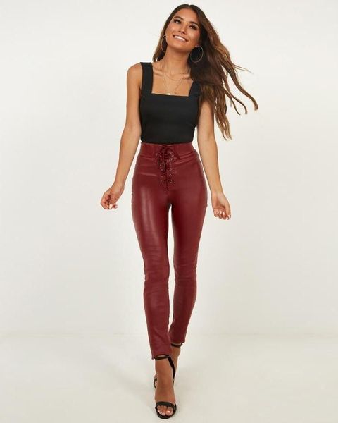 women's pants & capris burgundy ladies high-waist stretch metal cut-out straps elastic waist coated imitation leather pu denim, Black;white
women's pants & capris burgundy ladies high-waist stretch metal cut-out straps elastic waist coated imitation leather pu denim, Black;white