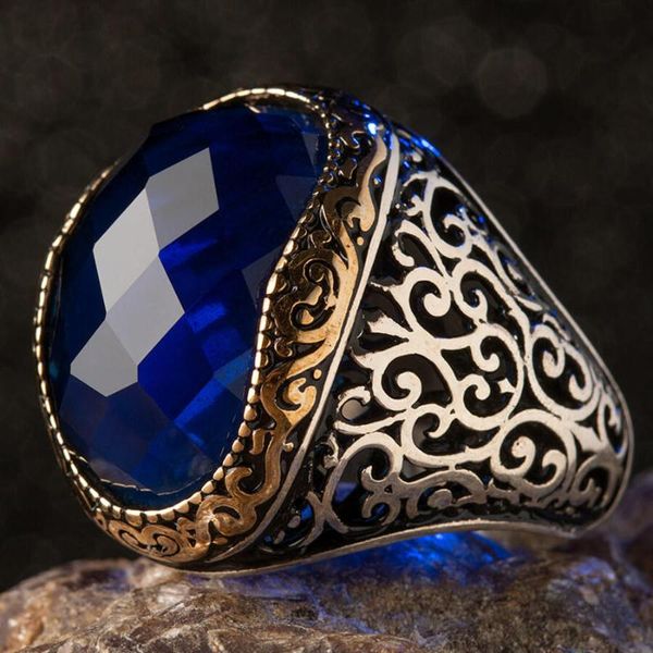 faceted lavy blue zircon ring with symmetrical design ottoman motif turkish vintage handmade men cluster rings, Golden;silver 
faceted lavy blue zircon ring with symmetrical design ottoman motif turkish vintage handmade men cluster rings, Golden;silver