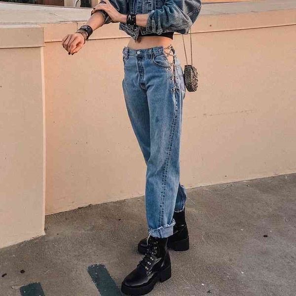 women's jeans woman chains lace up high waist casual straight denim blue pants female street skinny korean pocket trousers 3w02
women's jeans woman chains lace up high waist casual straight denim blue pants female street skinny korean pocket trousers 3w02