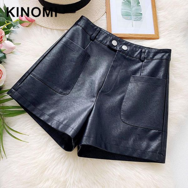 women's shorts kinomi autumn winter pu leather short button high waist vintage black wide leg pants casual pant female pocket 2021, White;black
women's shorts kinomi autumn winter pu leather short button high waist vintage black wide leg pants casual pant female pocket 2021, White;black