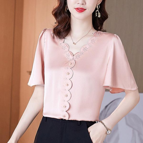 women's blouses & shirts 2021 summer fashion chiffon shirt flare sleeve v-neck satin embroidered bead print solid spliced woman and, White 
women's blouses & shirts 2021 summer fashion chiffon shirt flare sleeve v-neck satin embroidered bead print solid spliced woman and, White